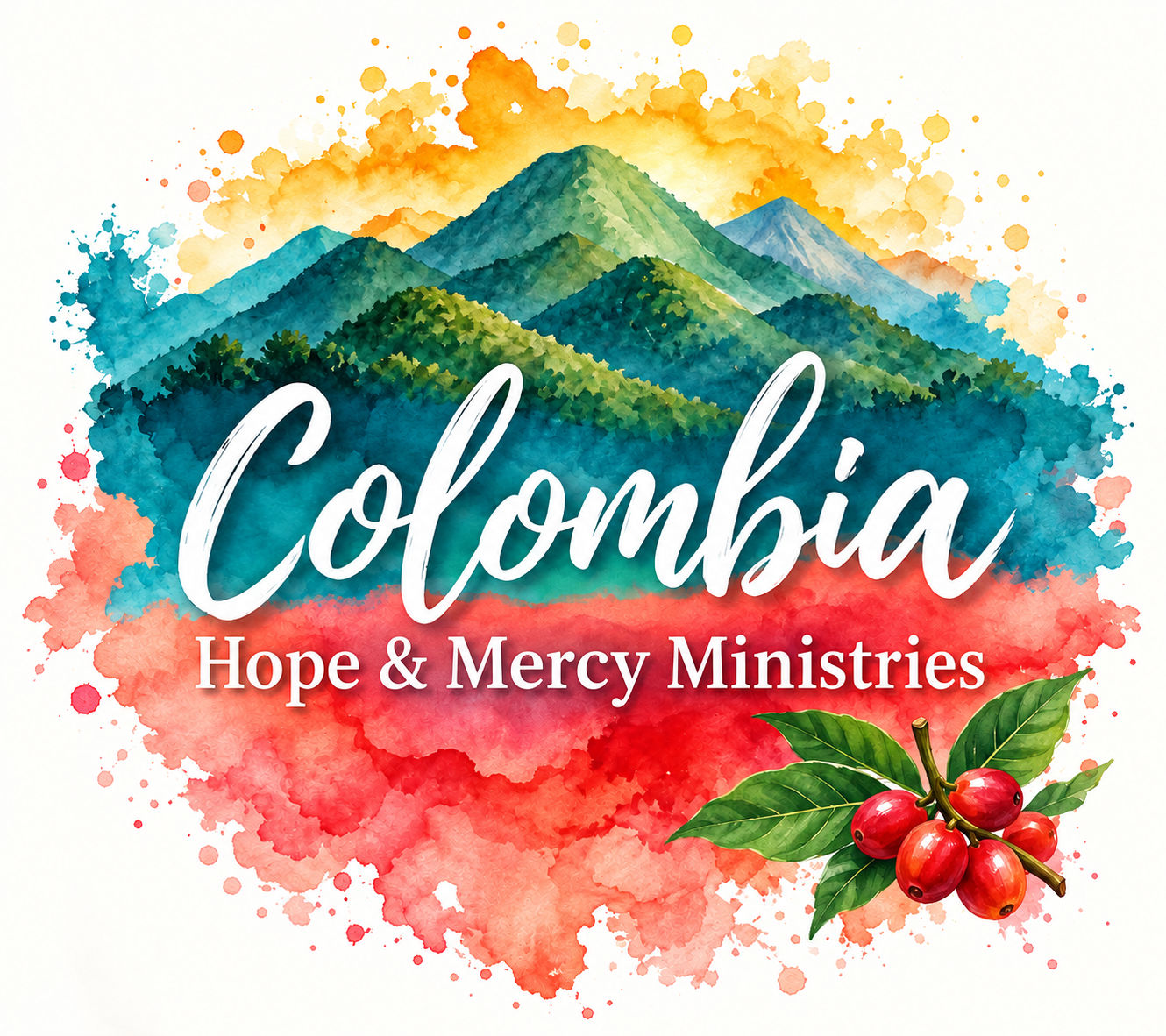 Colombia Hope & Mercy Ministries logo featuring
         Colombian mountains, watercolor colors,
         and ripe red coffee cherries